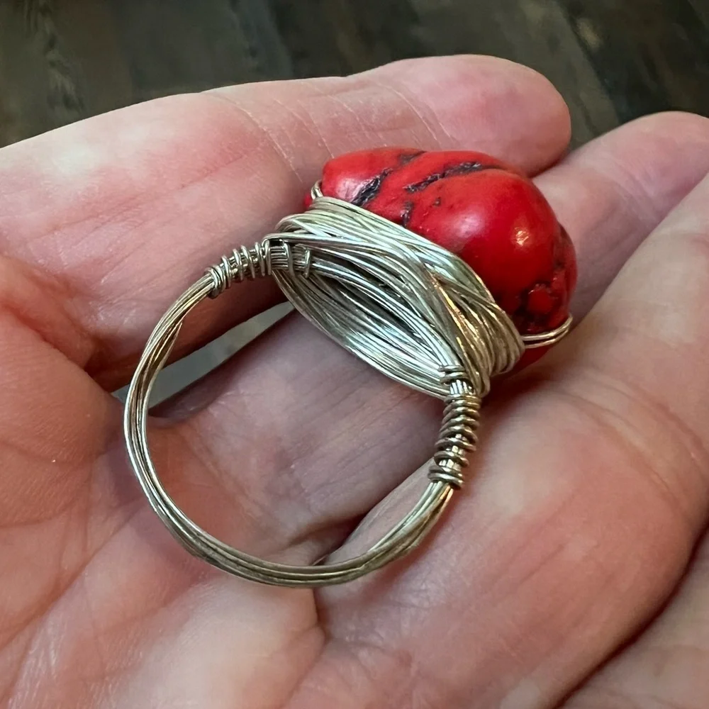 Red Coral Stone Silver Nest Ring Size 9 boho southwestern western artisan